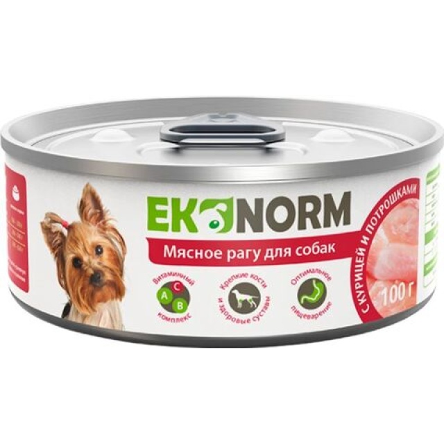 Консервы Ekonorm для собак Мясное рагу  курицей,потрошками 100гр